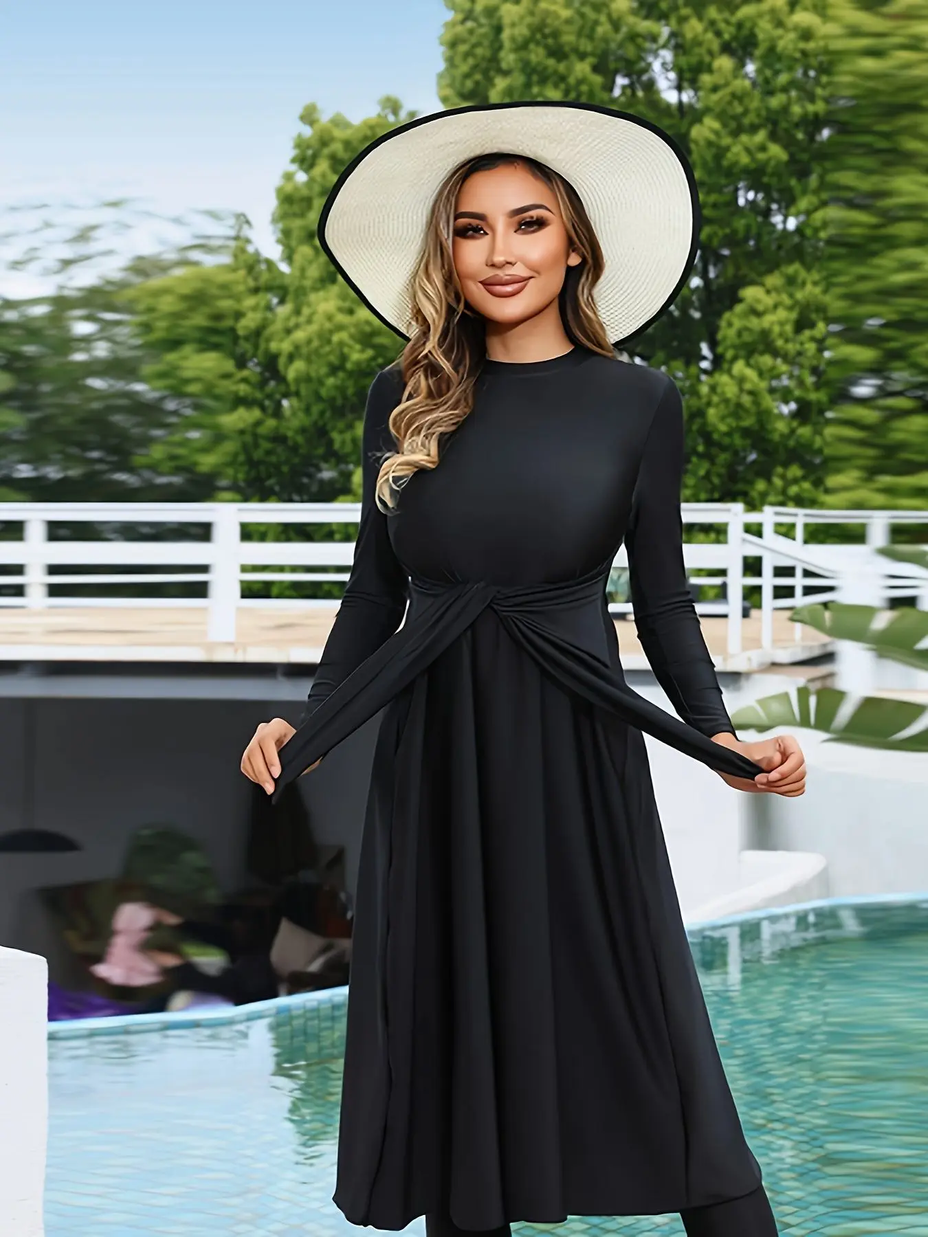 New Chic Modest Swimwear Burkini Femmes Elegance All Coverage Swimwear for Muslim Women Black long sleeved Dress with Pant