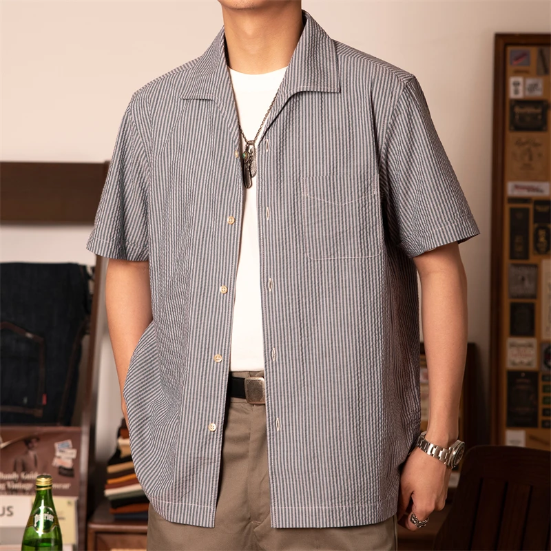 Pop Red Tornado Casual Italian Collar Shirt Seersucker Fabric Lightweight Stripes Shirt
