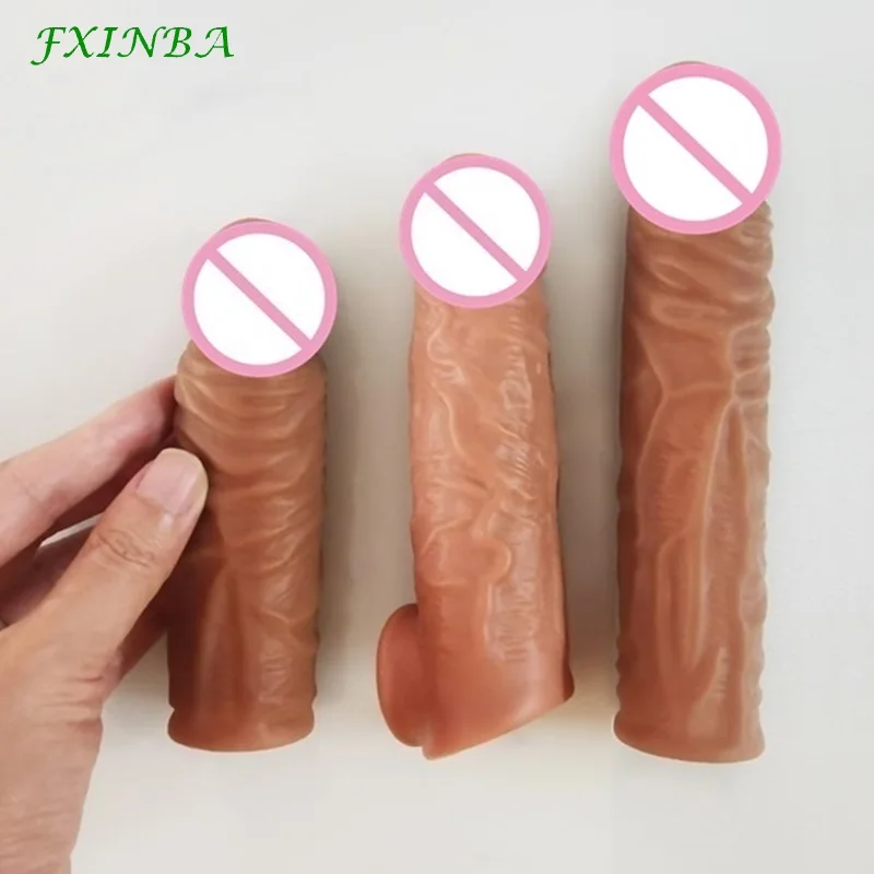 FXINBA 14/16/18/20cm Realistic Penis Sleeve Extender Cock Sleeve Dick Enlargement Delay Ejaculation Reusable Condom Men Sex Toys