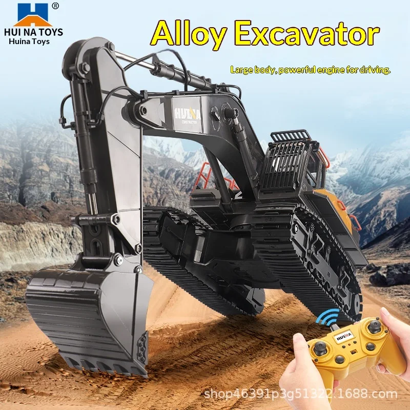 Huina 592 1/14 Alloy Rc Excavator 22ch 680° Rotation Remote Control Engineering Vehicle Digger Truck Toy For Boys Kids