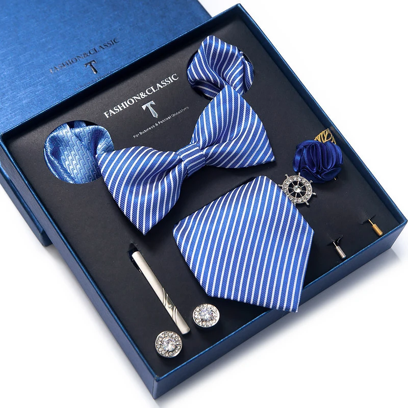 Corbata de alta calidad para hombre, corbata de Cachemira azul, cuadrados de bolsillo, conjunto de broche y gemelos, caja de corbata, accesorios de boda, regalos del Día de San Valentín