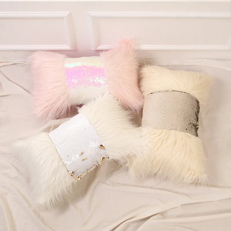 30X48CM Solid Long Shaggy Plush Sequins Patchwork Waist Pillows Cover Modern Nordic Pure Color Luxury Decorative Lumbar Pillows