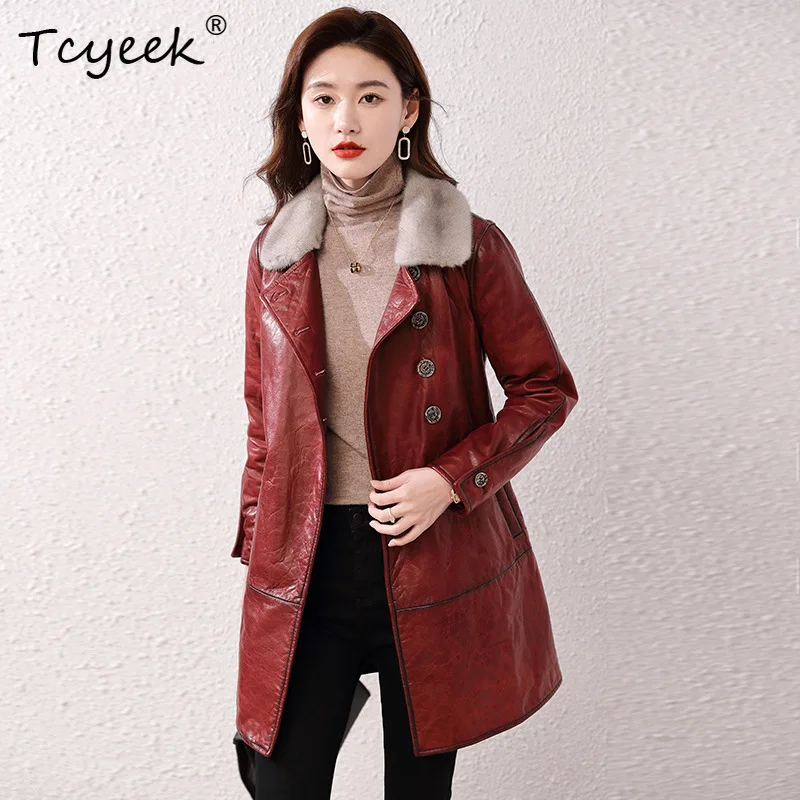 เสื้อแจ็คเก็ตหนังแท้สำหรับผู้หญิง แบรนด์ Tcyeek บุด้วยขนห่านสีขาว แต่งปกขนมิงค์ เหมาะสำหรับฤดูใบไม้ร่วงและฤดูหนาว