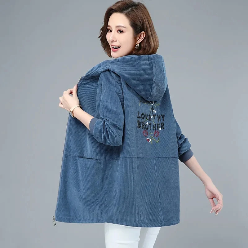 Corduroy Jacket Women Spring Autumn 2023 New Long sleeved Embroidered Hooded Coat Mid length Loose Casual Female Windbreak