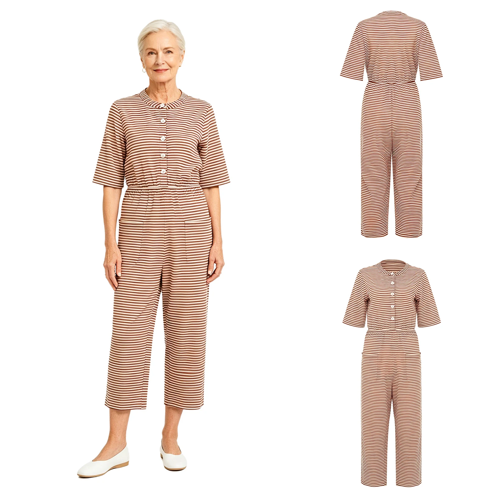 

Women Elderly Anti-strip Adaptive Special Need Clothing Jumpsuits Half Sleeve Elastic Waist Striped Rompers for Nursing Homewear