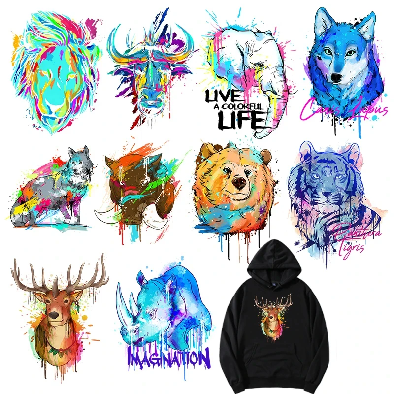 Fashionable Cartoon Animal Watercolor Printing Fusible Patch Lion Wolf Bear Rhino Deer Iron DIY Vinyl Clothing Heat Transfer