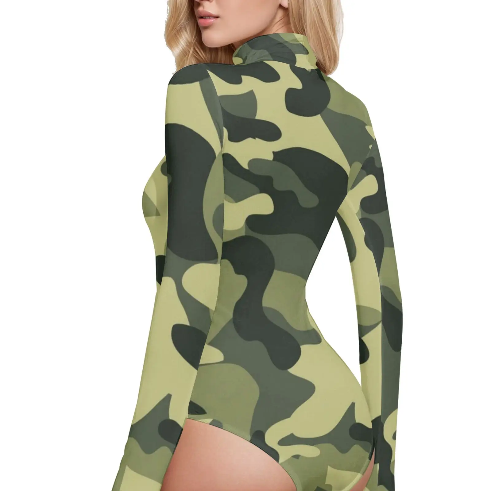 Bodysuit manga comprida gola alta para mulheres, roupa única, bodysuit sexy, impressão de camuflagem, camada elástica, ajuste fino, macacão