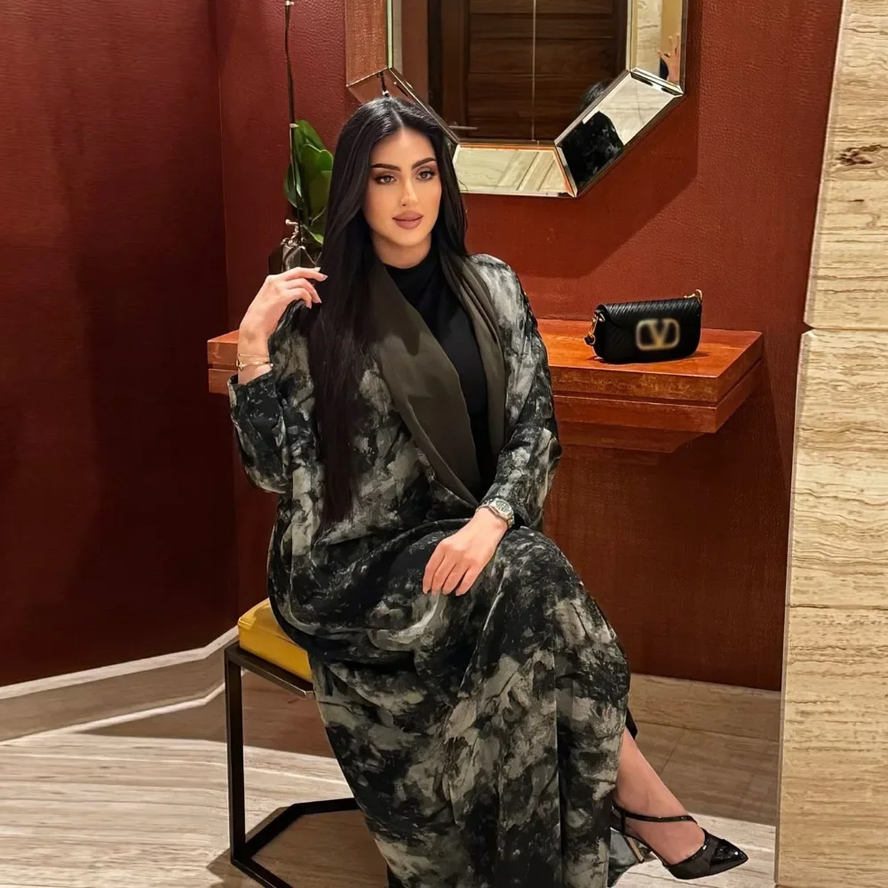 

New Fashion Muslim Women Print Kaftan Loose Plus-size Long Dress Eid Dubai Batwing Sleeve Party Dresses Femme Open Abaya Kimonos