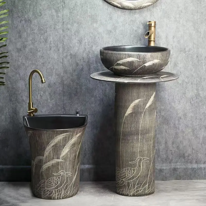 Outdoor retro courtyard blue and white porcelain pillar washbasin villa garden ceramic integrated