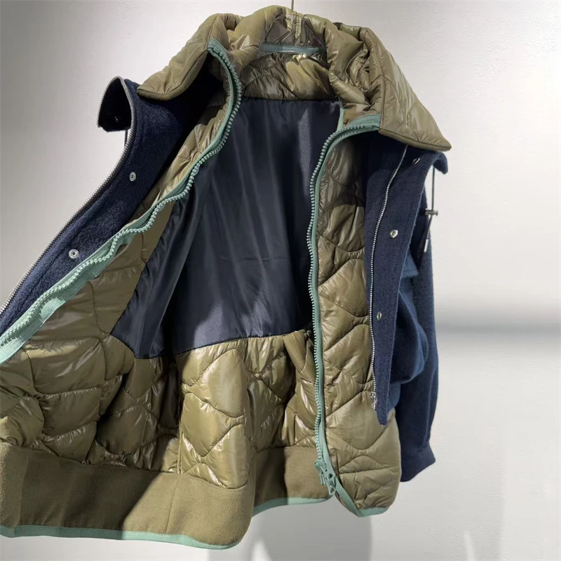 Abrigo de invierno de alta calidad para mujer, abrigo grueso de retazos cálidos de dos piezas con capucha de imitación, abrigo de algodón informal retro a la moda