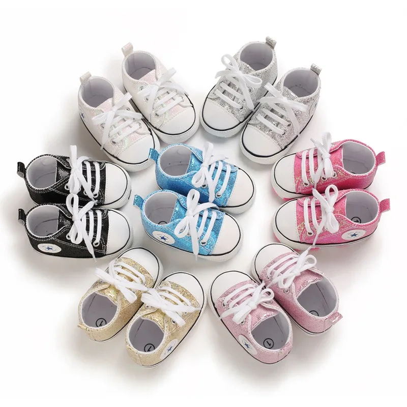 Yibubu Baby Shoes Bling Canvas Infant Baby Girls Shoes Lace-up Comfortable Boy Sneaker Soft Sole Anti-slip Toddler First Walkers