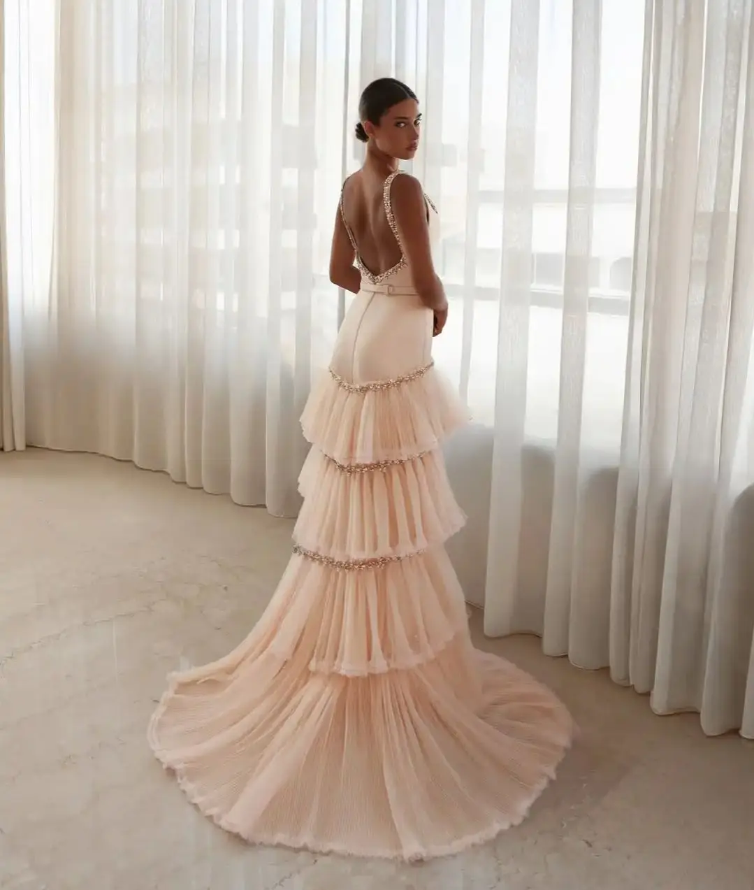 Ofherown Blush Pink Square Neck Beaded Evening Dress Tulle Tiered Ruffles Mermaid Prom Gown Backless Formal Wedding Guest Dress