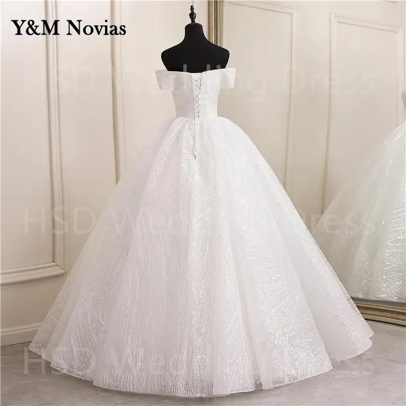 Real photo Ivory Sweetheart Off The Shoulder Vestido De Noiv Gowns Shiny Sequined Lace Back Embroider Appliques Wedding Dress