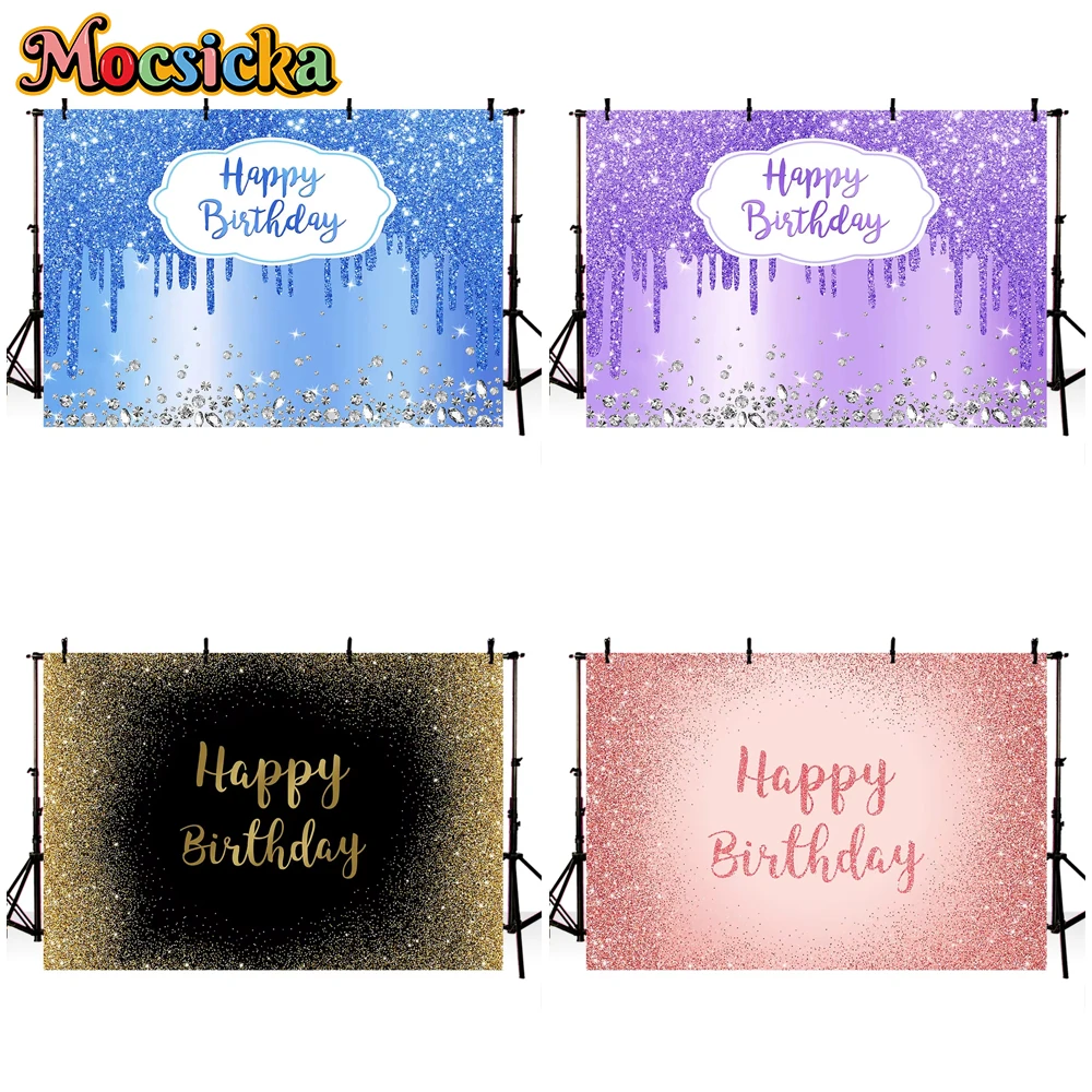 

Mocsicka Happy Birthday Backdrop Pink Black Silver Gold Glitter Party Supplies Decorations Photo Backgrounds Props Studio Banner