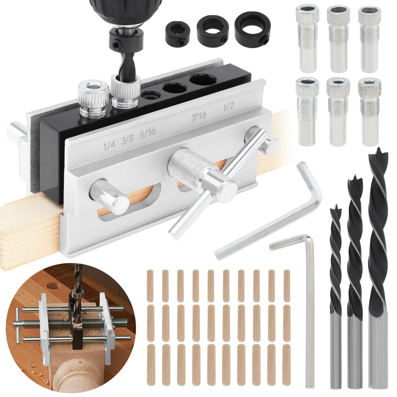 Self Centering Doweling Jig Wood Dowel Drill Jig Kit for Straight Holes Biscuit Joiner Tools with Drill Guide, Drill Bits