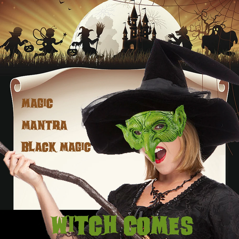 Old Witch Cosplay Mask para Mulheres, Assustador Coringa, Feiticeira PU Máscaras, Monstro Verde, Nariz Grande, Casa Assombrada, Festa de Carnaval