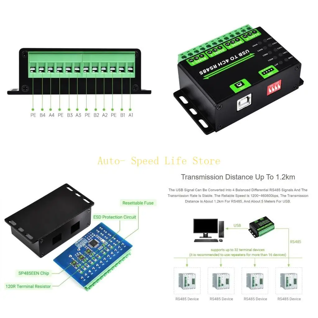 

02DA Высокоскоростной преобразователь USB в 4-канальный RS485, поддерживающий мультисистемы для сбора данных промышленного