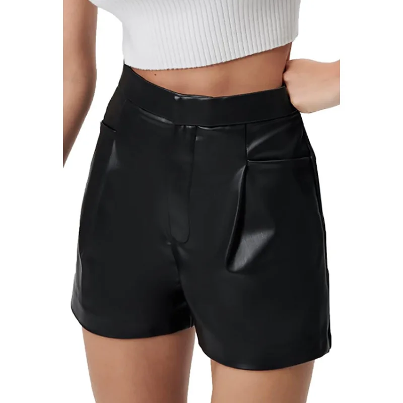 Women's High Waist PU Leather Mini Shorts with Pockets Casual Faux Leather Straight Leg Stretchy Shorts for Female Ladies