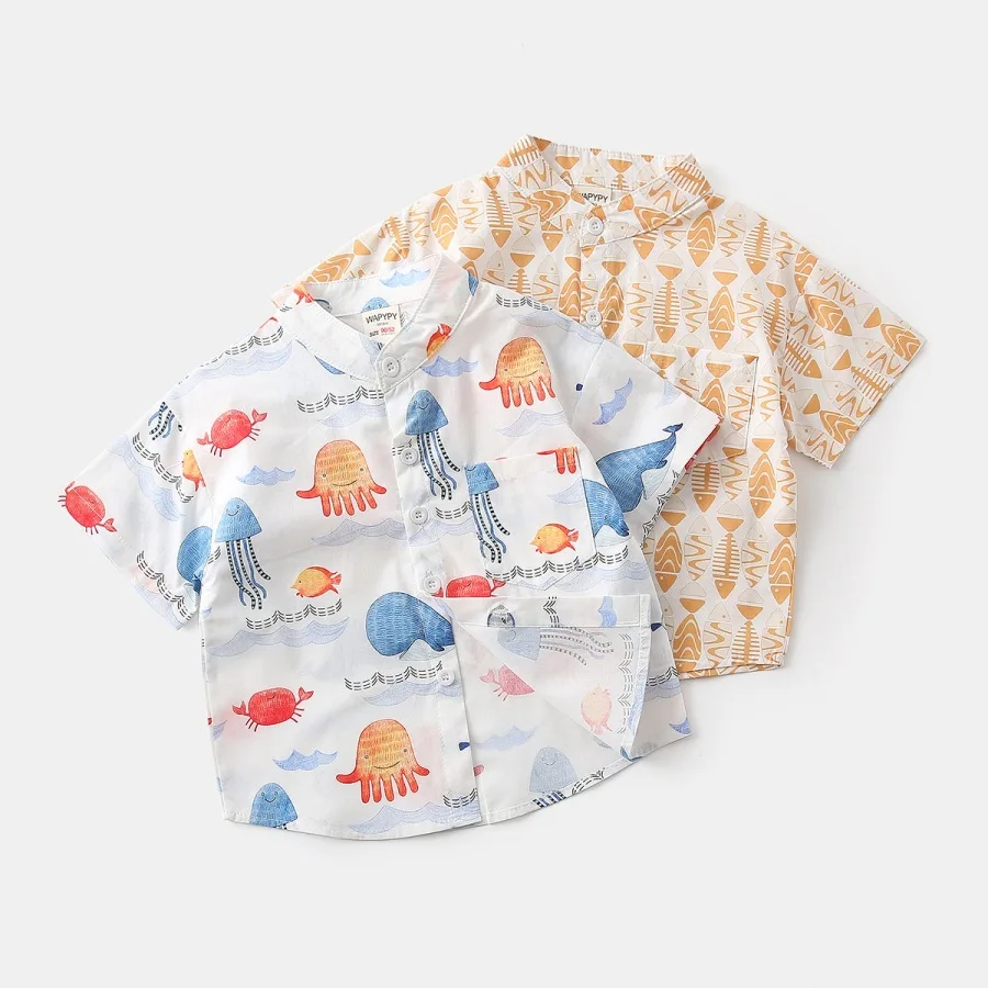 

Детская рубашка с короткими рукавами в стиле летних каникул для детей от 2 до 6 лет, повседневная одежда с принтом морских обитателей для мальчиков, пляжная блузка на пуговицах