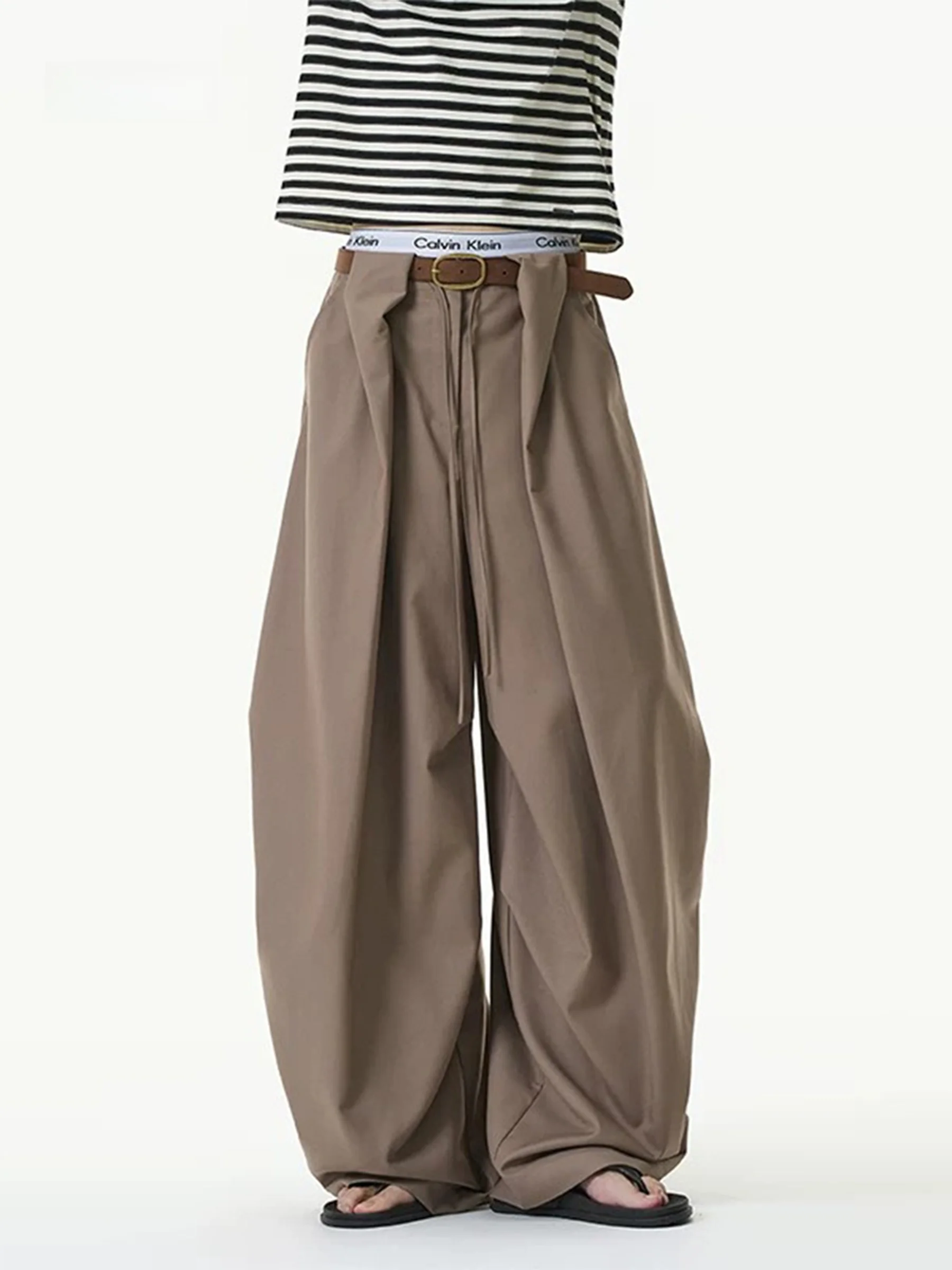 

American Style Pleated Wide Leg Pants Summer Thin Loose Casual Paratrooper Pants Women Men Lazy Anti-Wrinkle Drapey Knife Pants