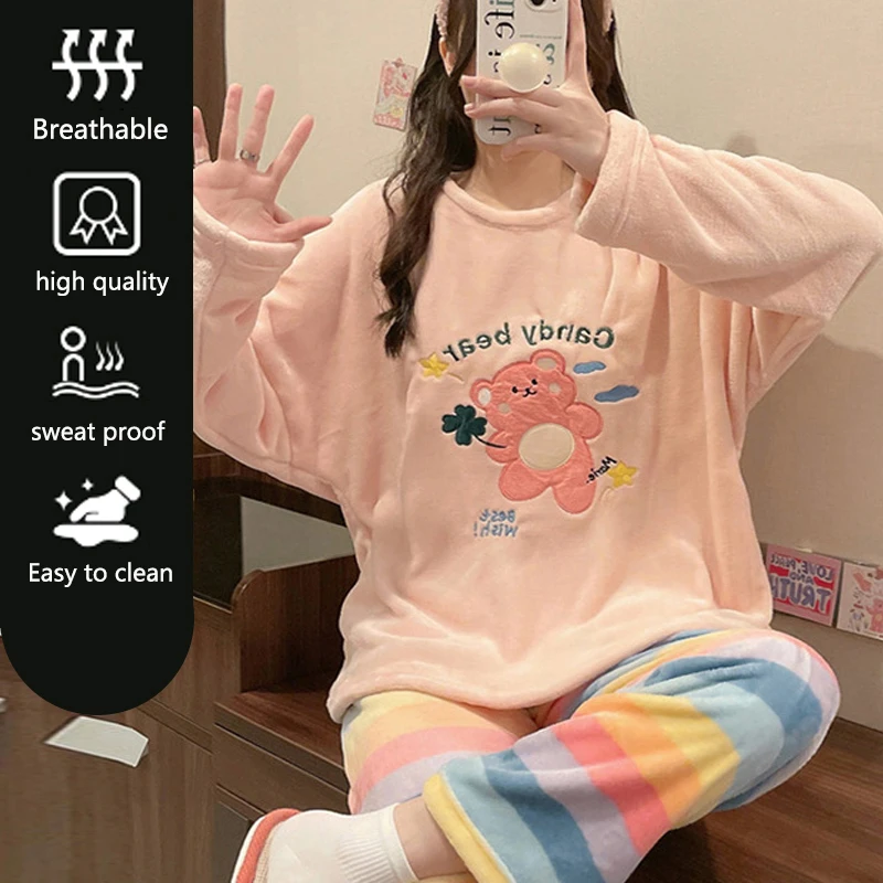 Thickened Warm Large Size Autumn Winter Pyjamas Long-Sleeved Trousers Female Coral Velvet Cartoon Bear Two-Piece Homewear Girl