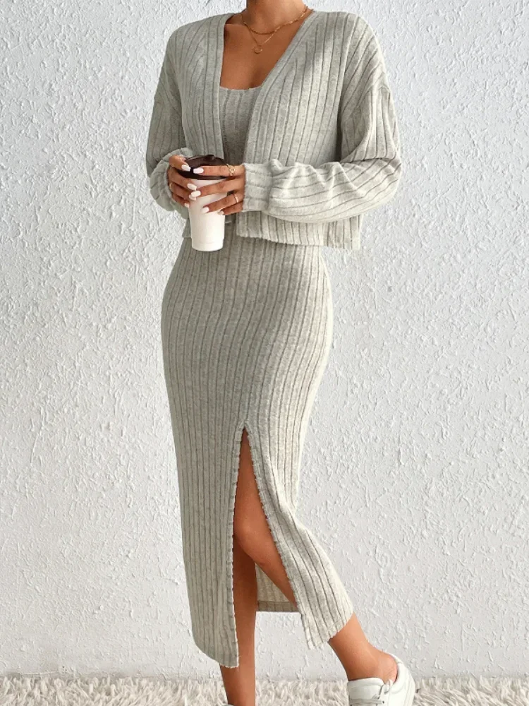 Autumn and Winter Women\'s Fashion Knitted Dress Long-sleeved Cardigan Jacket Slimming Open Sling Sexy Dresses Female Trendy Sets