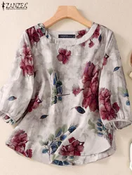 Tops boêmios de túnica 3/4, blusa casual de praia para férias, camisa de trabalho, blusa estampada floral vintage, verão, 2024