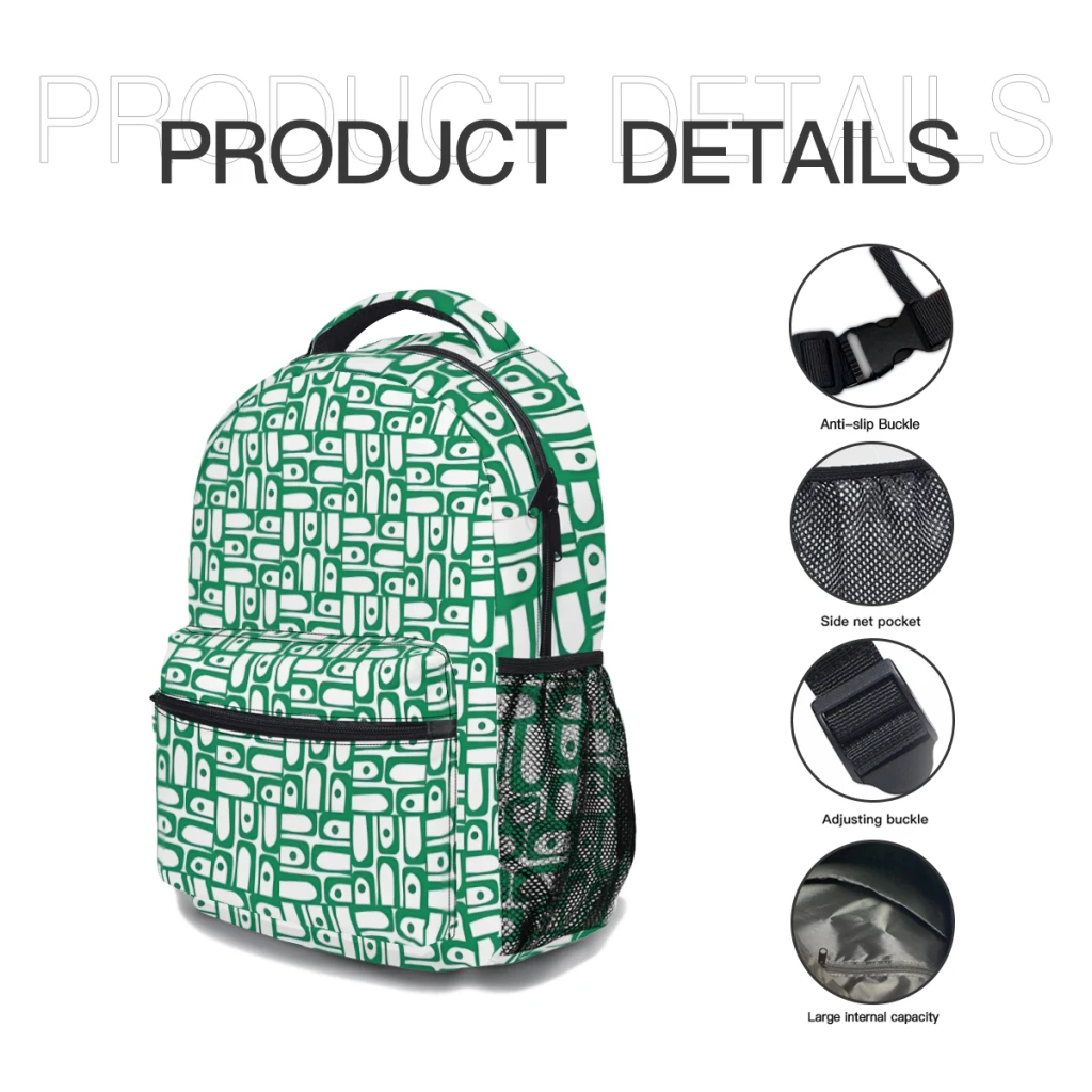 Meados do século mochila para a escola, Mochila impressão elegante, Piquet moderno, Multi Pattern abstrato, verde Kelly e WhitePattern, Novo