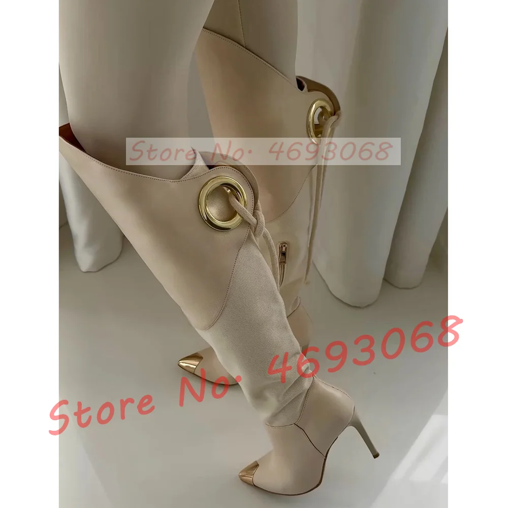 

Бежевые кожаные сапоги до колена, женские элегантные металлические золотые сапоги на высоком каблуке с острым носком, модные лоскутные туфли с декором в виде кольца