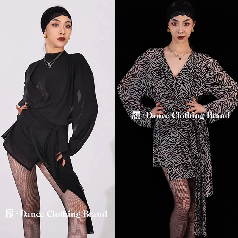 Loose Latin Dance Shirt Women Long Sleeves Black Leopard Cardigan Adult Rumba Salsa Ballroom Dance Practice Clothing DNV20450