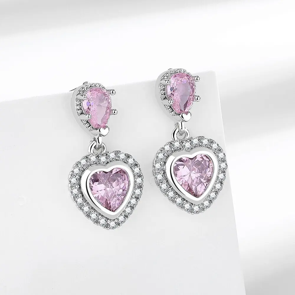 925 Sterling Silver Stylish Exquisite Pink Love Zircon Tassel Earrings Birthday Party Anniversary Gift