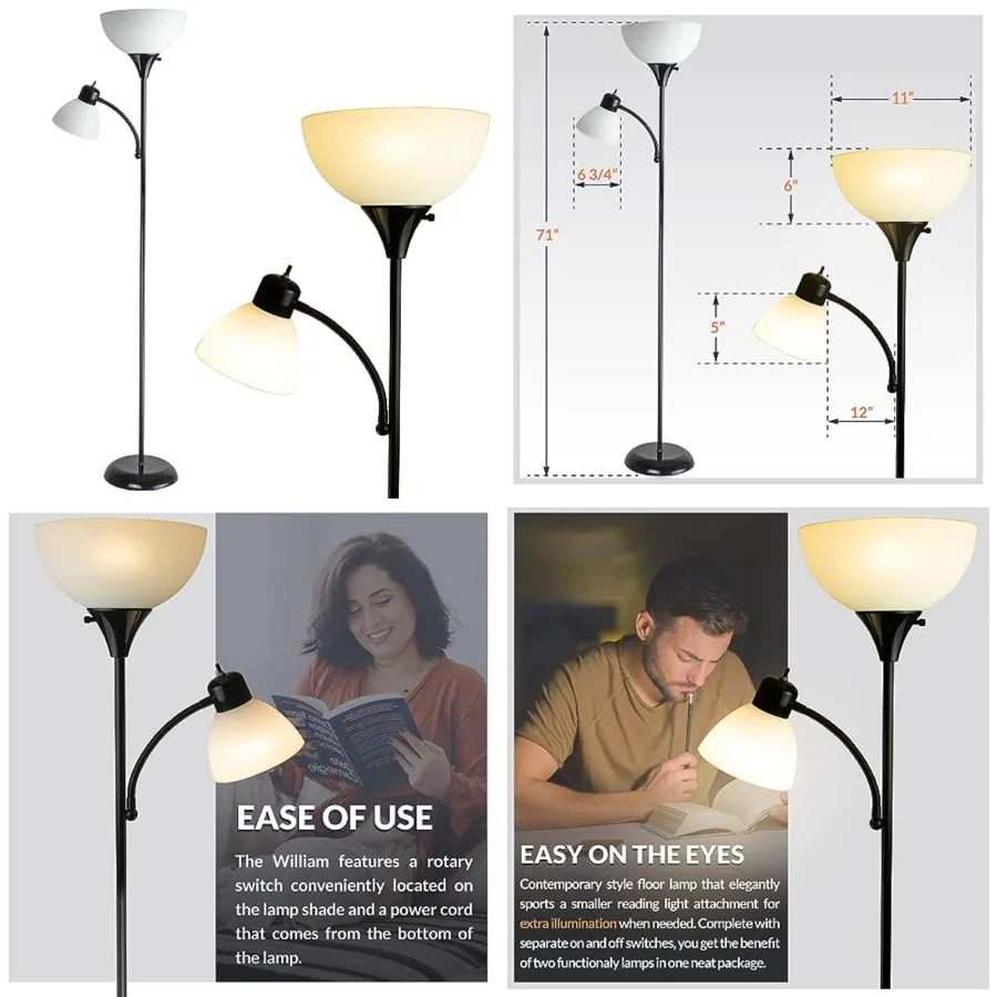 

NHFL-WI-BK Torchiere William 71 inch Modern Standing Daughter Floor Lamp, Perfect Light for Bedrooms, Living Room, Office, Read