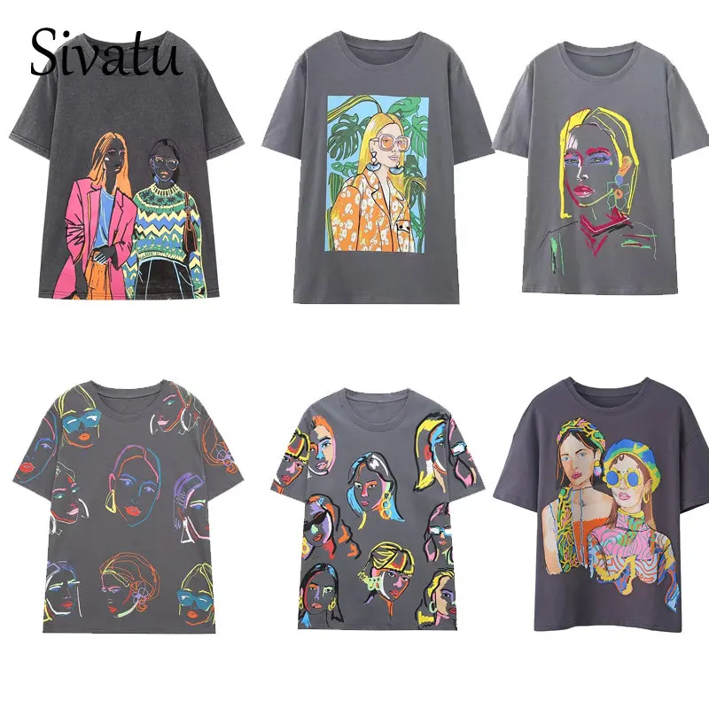 Sivatu Traf Women T Shirt Short Sleeve Tee Y2k Tops Summer New Oversized Print Graphic T Shirts Harajuku Punk Streetwear Hot