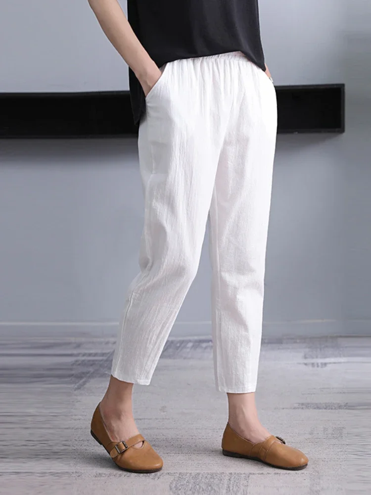 

New Fashion Cotton Hemp Harun Pants Women's Summer Thin Loose Large Size Slim Monochrome Nine-point Casual Straight Trousers B07