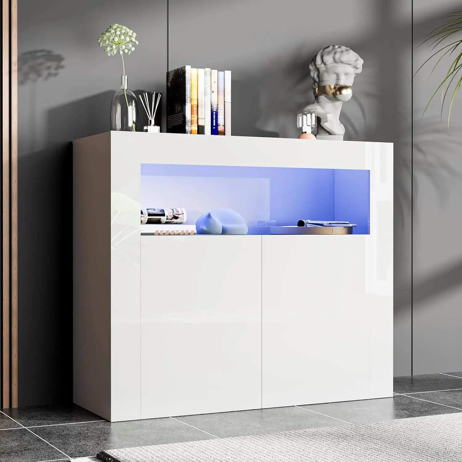 

Modern Buffet Cabinet with LED Lights, High Glossy Sideboard Storage Cabinet with 2 Doors and Adjustable Shelf, Wood Bar Cabinet