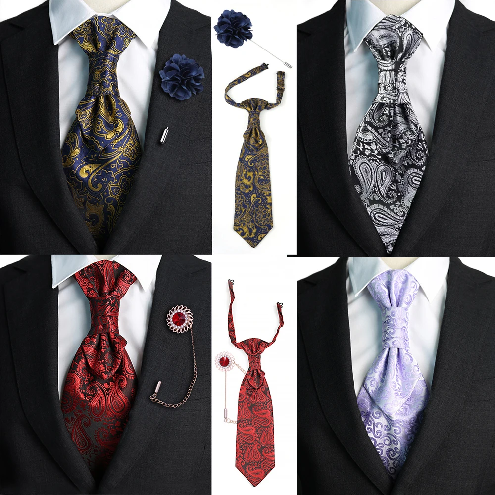 Newest Men's Paisley Tie Brooch Set Red Ajustable NeckTie Luxury Red Gemstone Brooch Classic Suit Tuxedo Groom Wedding Accessory