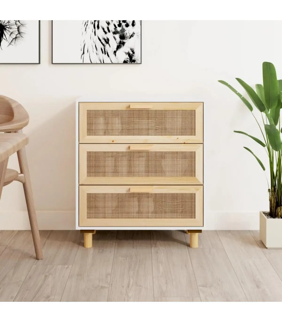 White sideboard solid pine wood and natural rattan 60x30x70 cm