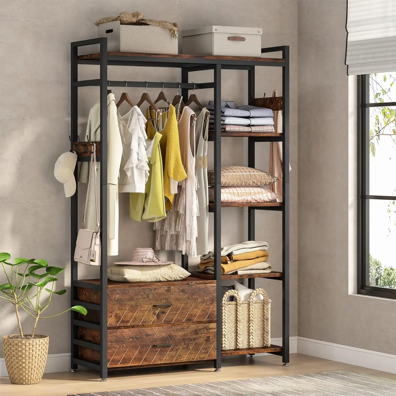 Freestanding Closet Organizer, Clothes Rack with Wood Drawers and Shelves, Hanging Clothing Wardrobe Storage Closet