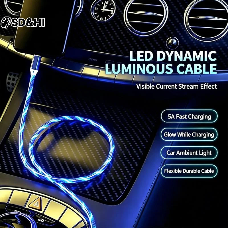 LED Flowing Light USB Fast Charging Cable Cool Glow Effect For Car Interior Daily Phone Charging