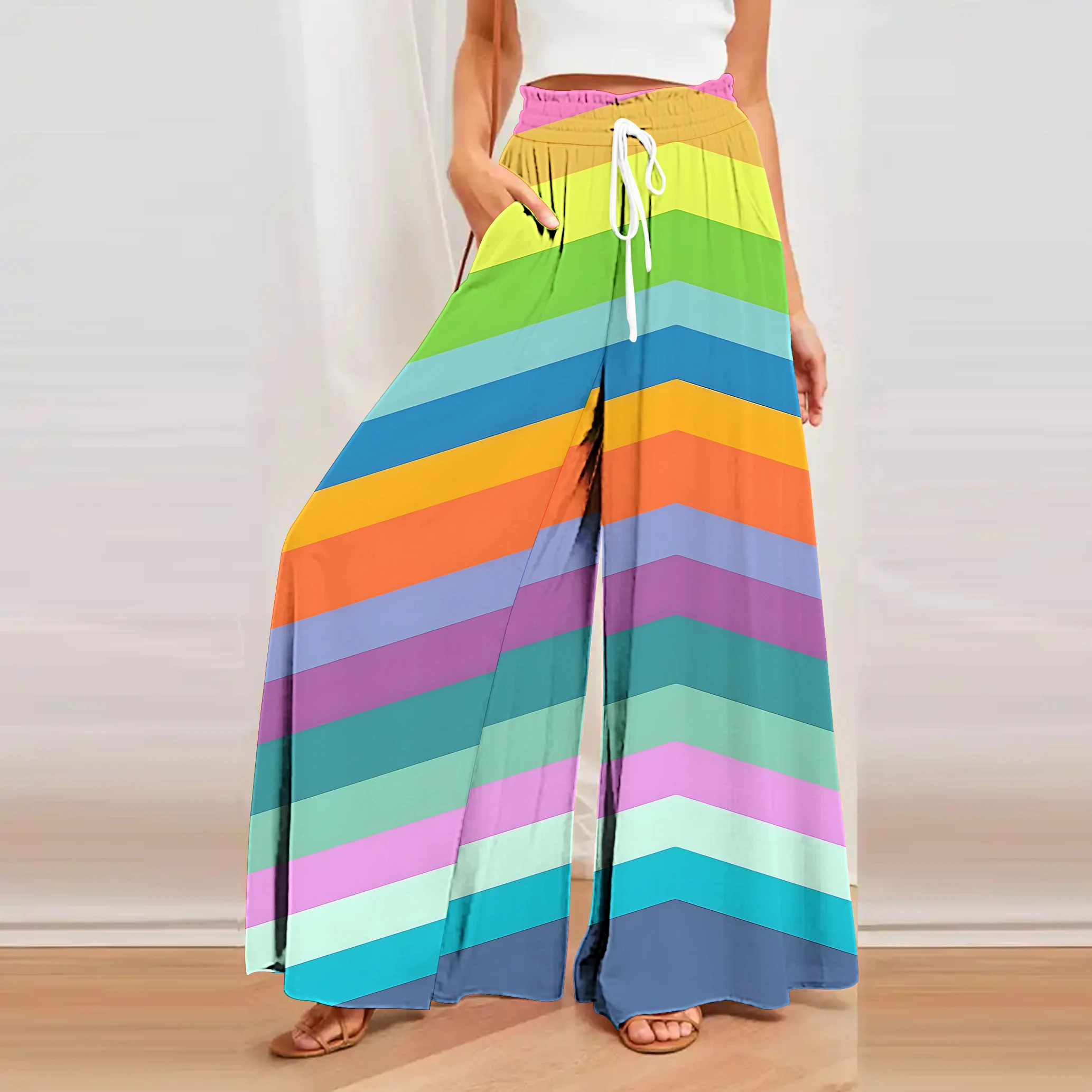 2023 Women's Rainbow Plaid Art Wide Leg Pants 3D Printed Pants Elastic High Waist Modern Trousers Streetwear Design Wide Pants