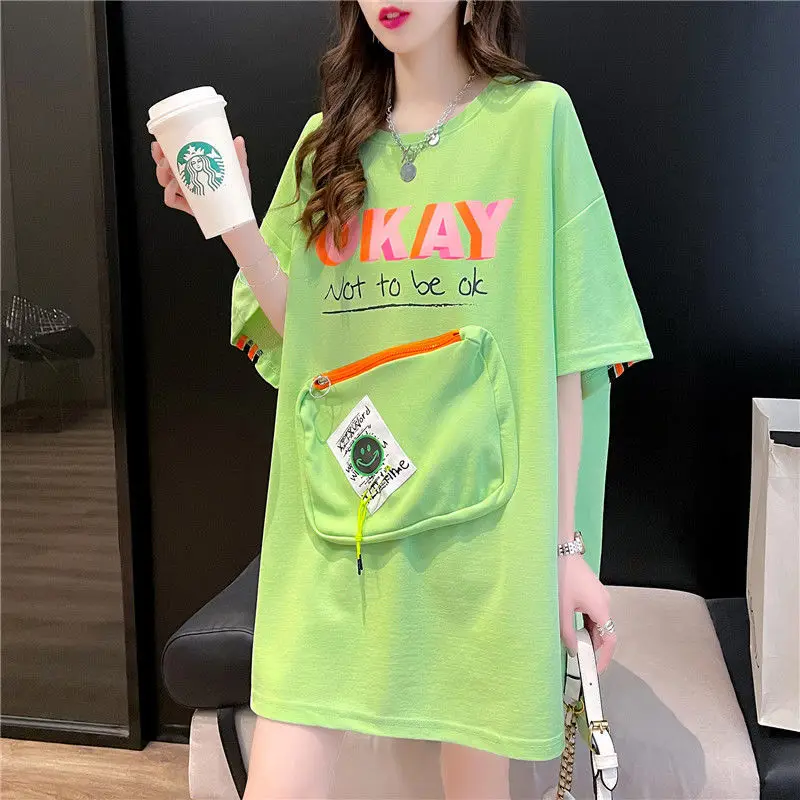 Y2k Clothing Zipper Pockets Store Phone Mid-length Short Sleeve Street Casual T Shirt Women Korean-style New Shirt Summer Tops