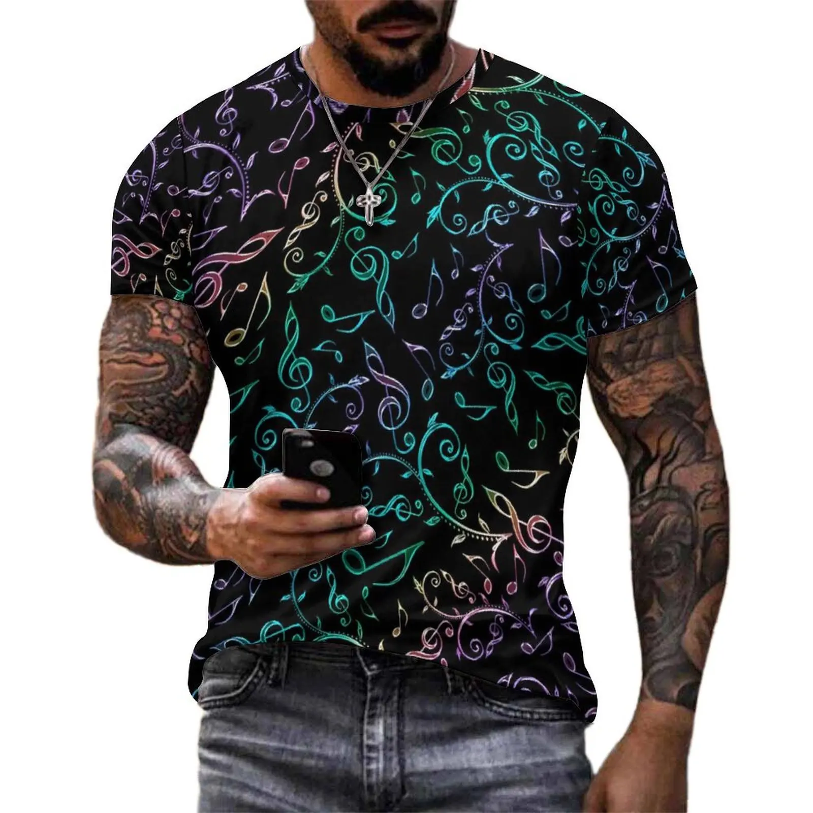 Plus Size T Shirt Original Rainbow Music Notes T-Shirts Floral Print Streetwear Crew Neck Tshirt Couple Popular Graphic Top Tees