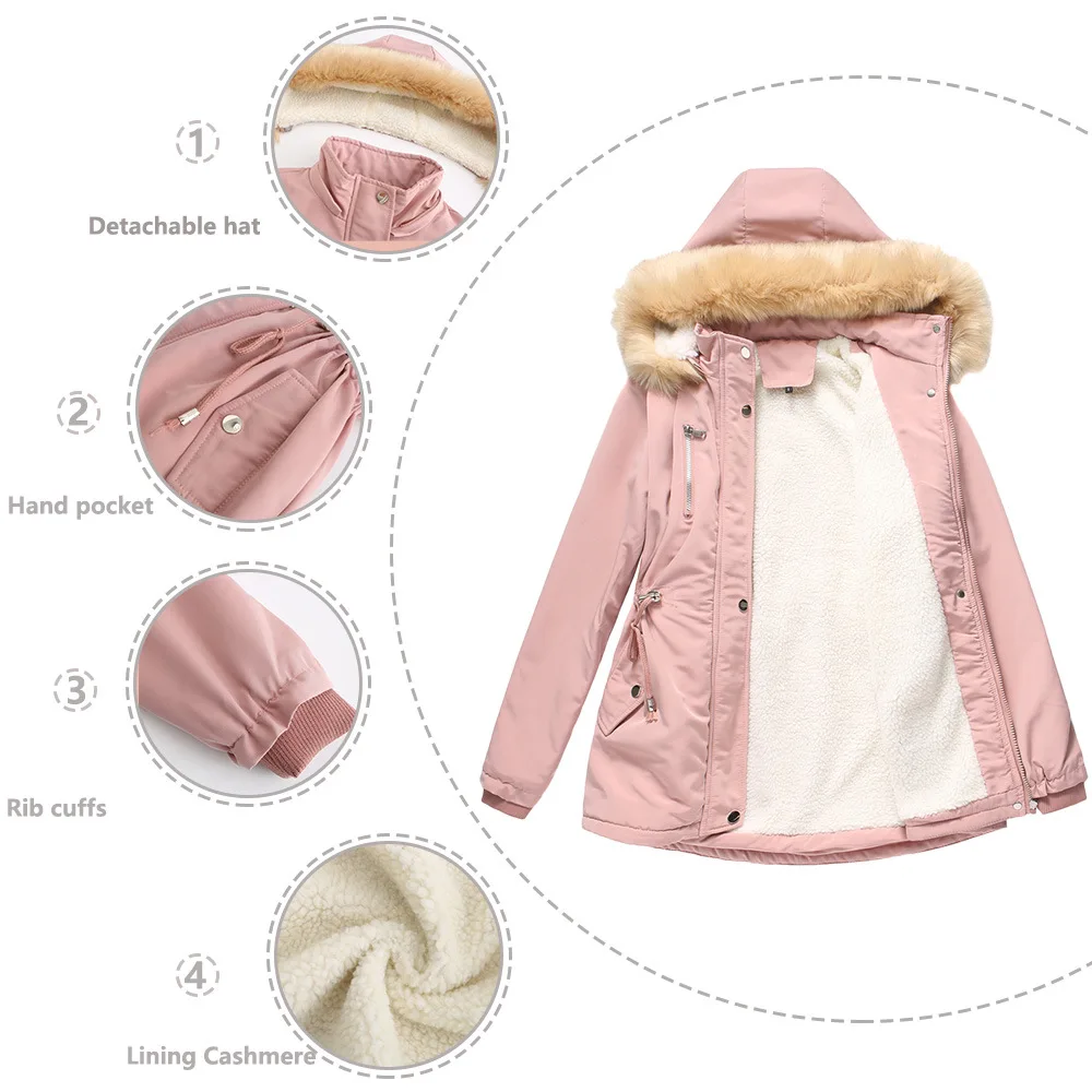 Winter New Arrival Women's Dark Brown Hooded Mid-Length Coat, Stylish and Warm Thick Jacket. Khaki, Black, Blue, Pink Parkas.