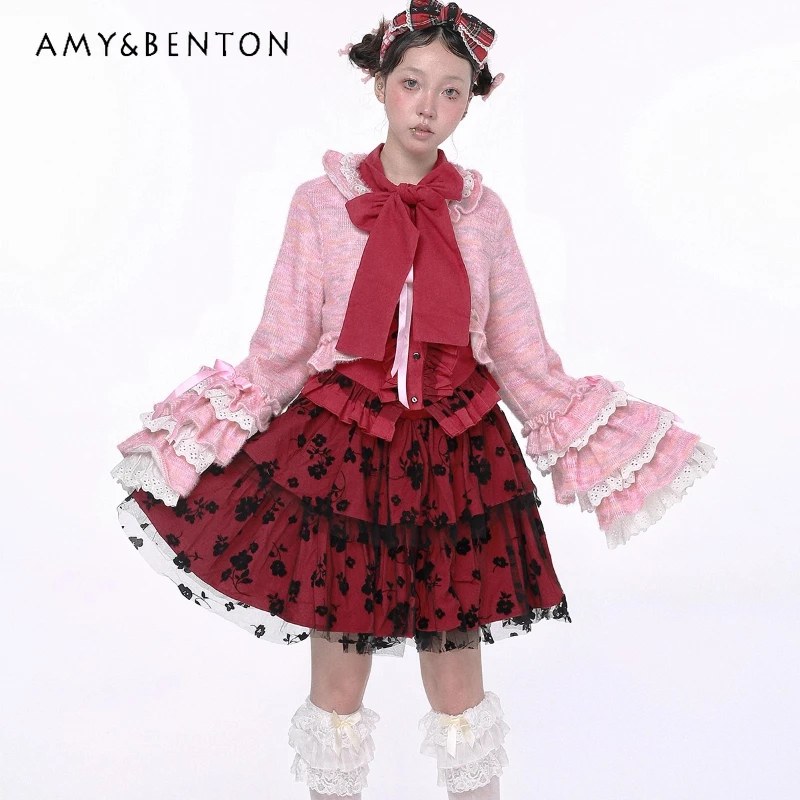 

Original Design Japanese Style Cute Sweet Girl Y2K Knitted Women's Top 2025 Autumn Winter New Lolita Pink Sweater Coat Ladies