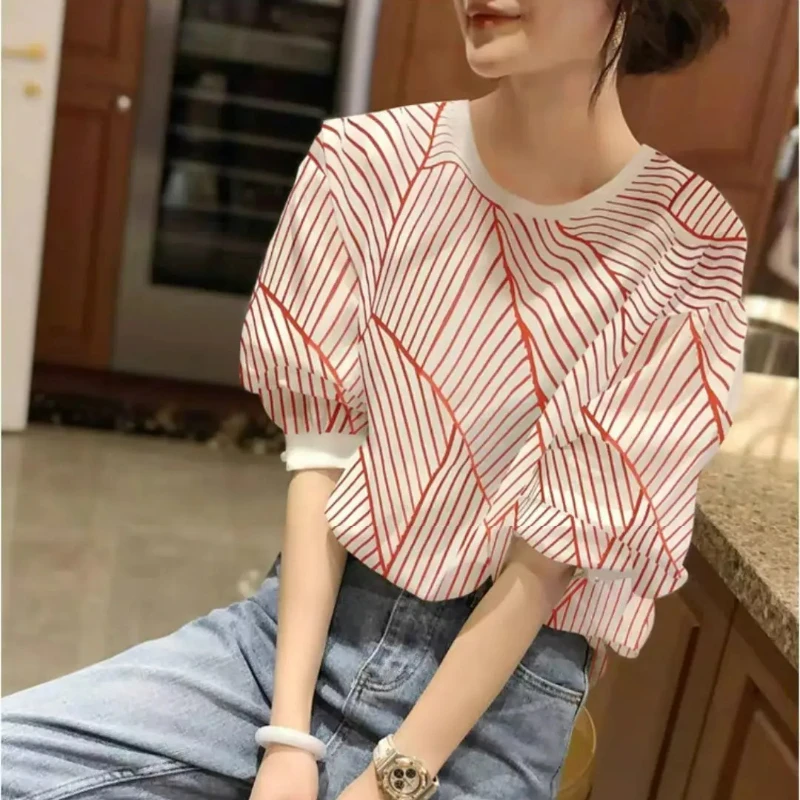 

Fashion Printed O-Neck Lantern Sleeve Striped Blouse Women's Clothing Summer New Casual Pullovers Loose Korean Shirt Tops