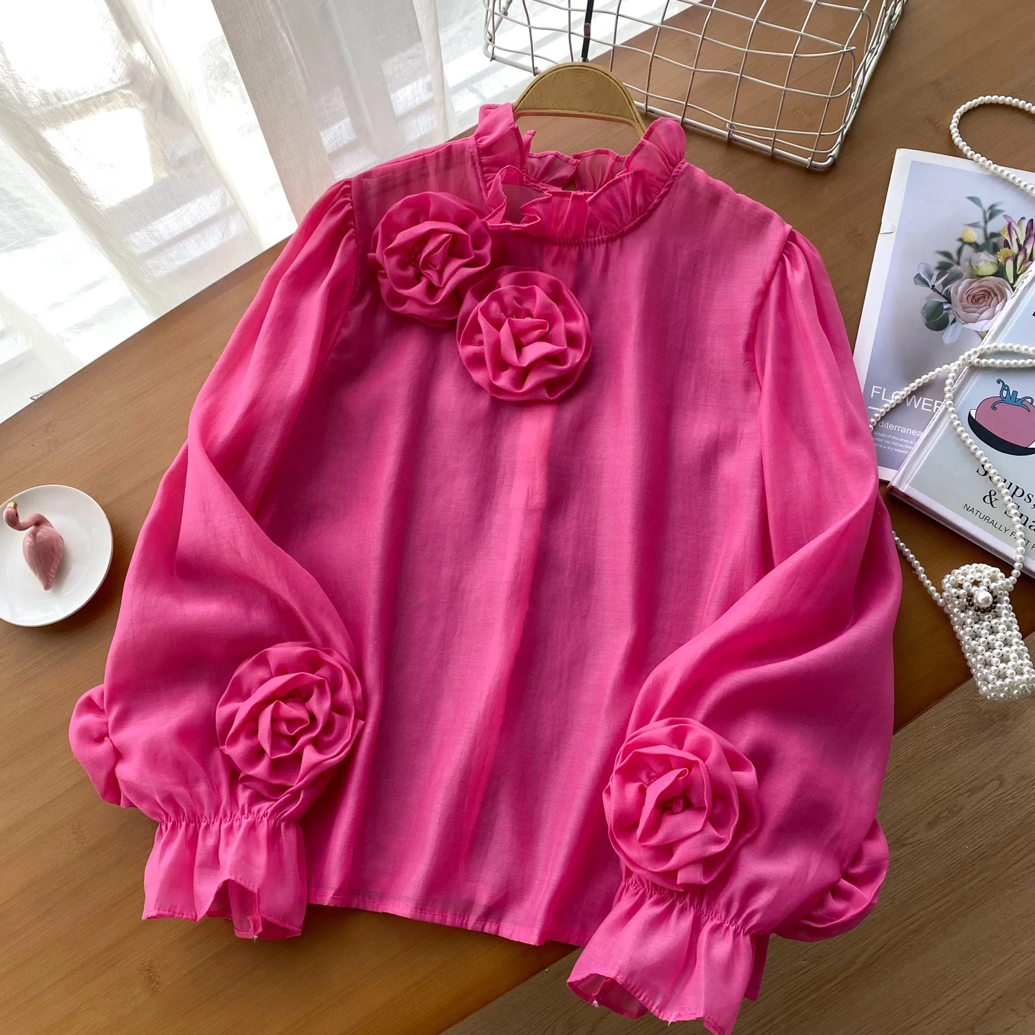 

Clothland Women Sweet Ruffle Blouse Flower Patchwork Long Sleeve Candy Color Shirt Cute Fashion Tops Blusa Mujer LB134