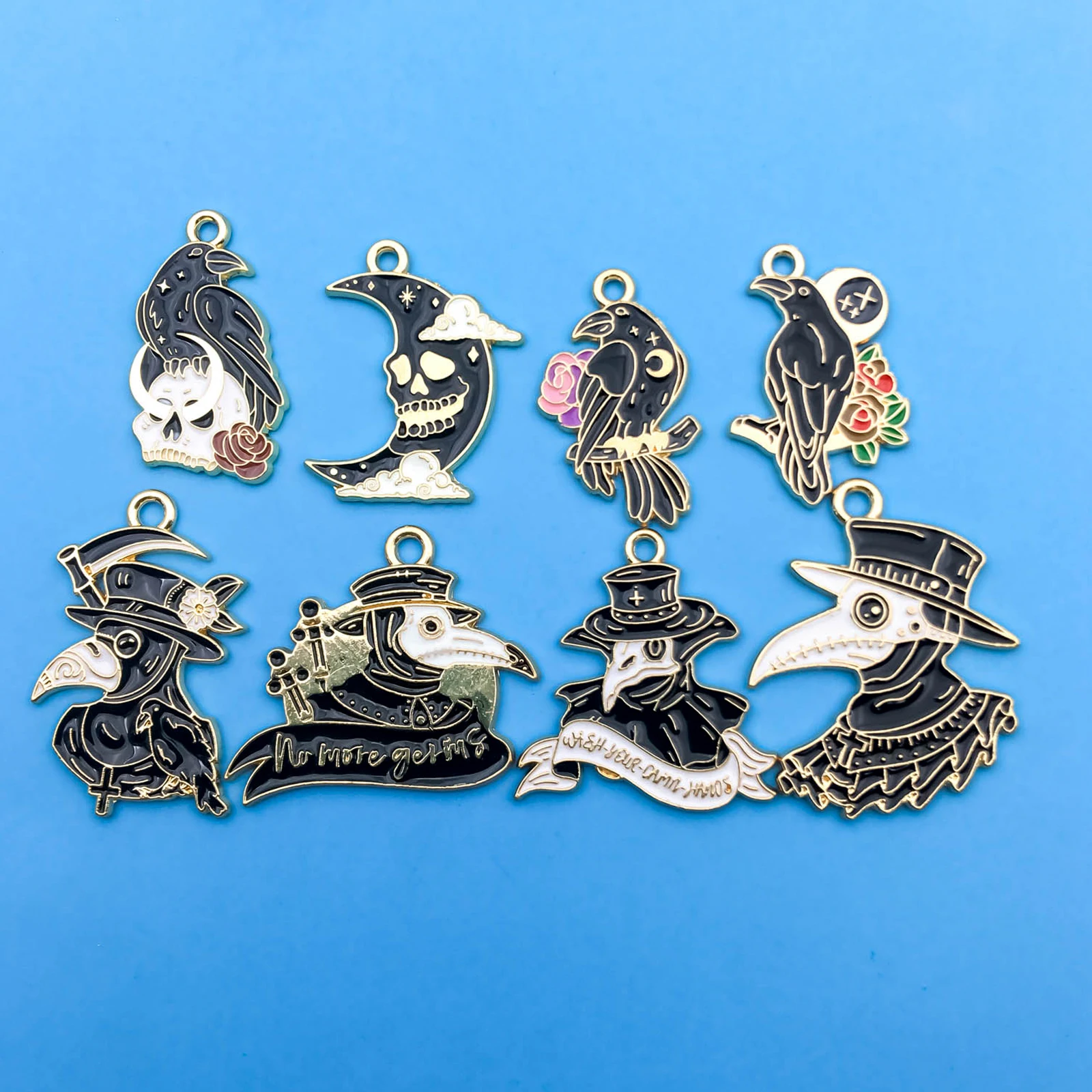Colgantes con forma de cabeza de pájaro para fabricación de joyas, abalorios de aleación de 8 piezas, esmalte, aceite de goteo, Calavera, Cuervo, pájaro, Halloween