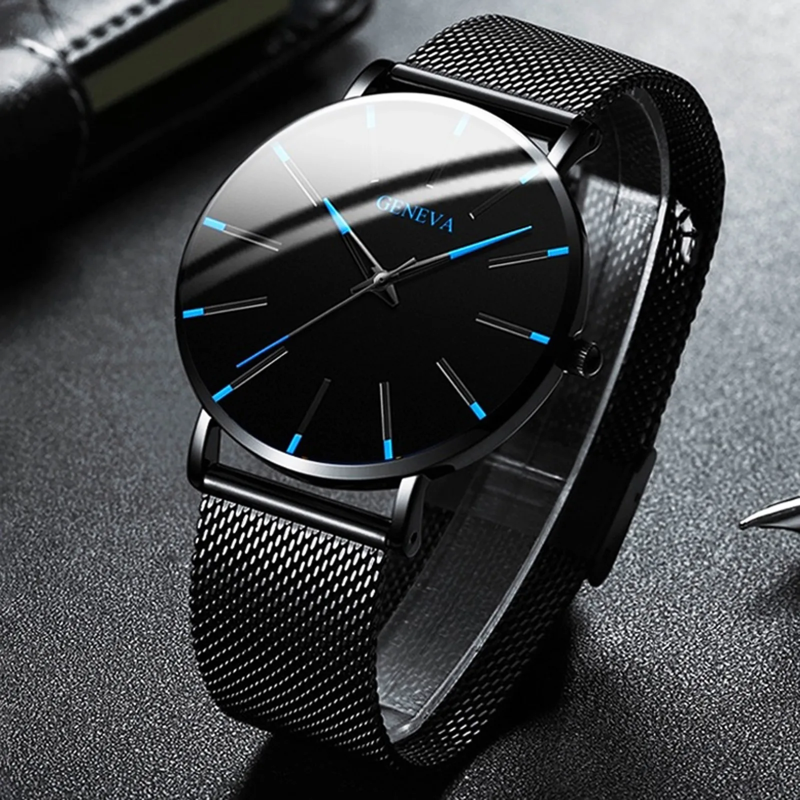Gevena Men'S Fashion Ultra Thin Watch Business Stainless Steel Mesh Quartz Watch Large Dial Men'S Watch Relojes Para Hombres