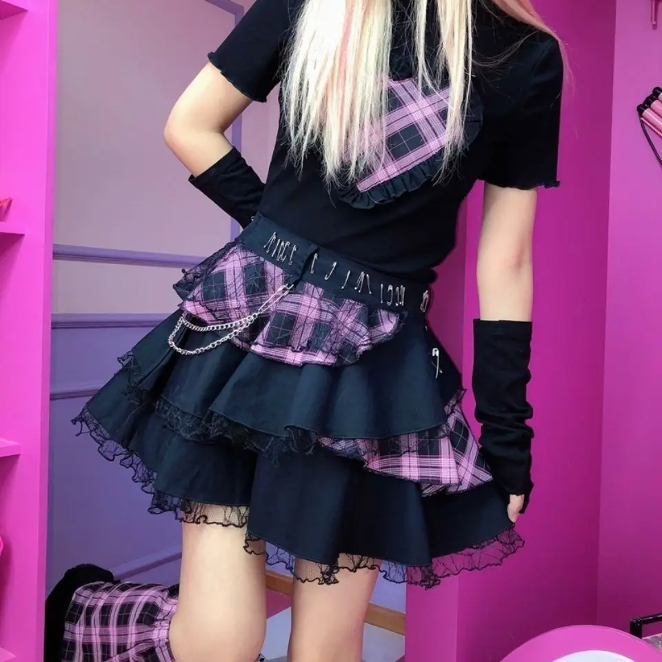 Y2K Gothic Plaid Mini Skirt Tiered Ruffle Lace Trim  Black Harajuku Subculture Party Outfit Women Clothing Streetwear 2026