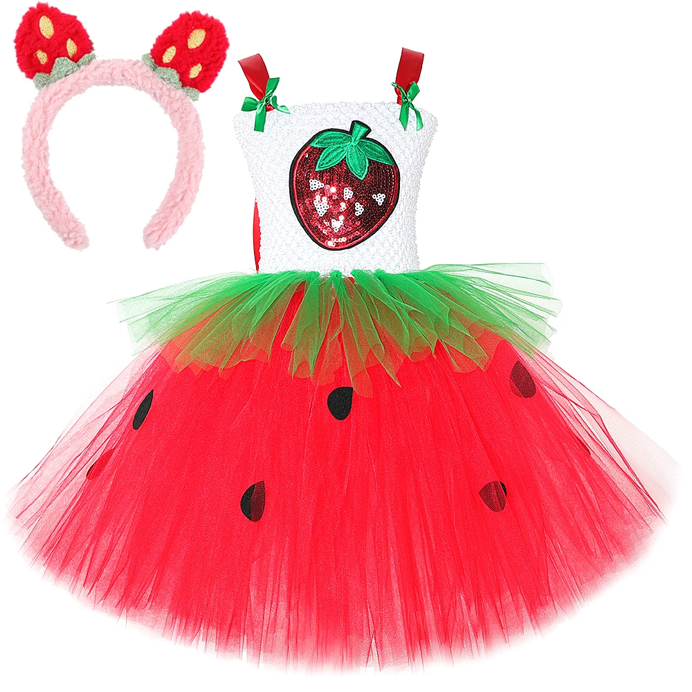 Baby Girl Strawberry Tutu Dress Costume Kids Birthday Party Tulle Princess Dress Toddler Girls Halloween Carnival Fruit Dress Up